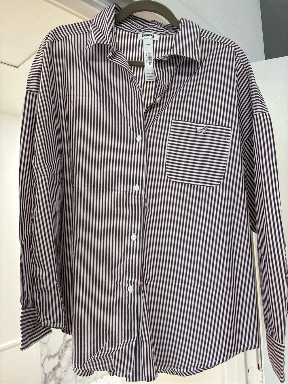 PINK Victoria's Secret Men's Striped Button-Down Shirt in Burgundy and White